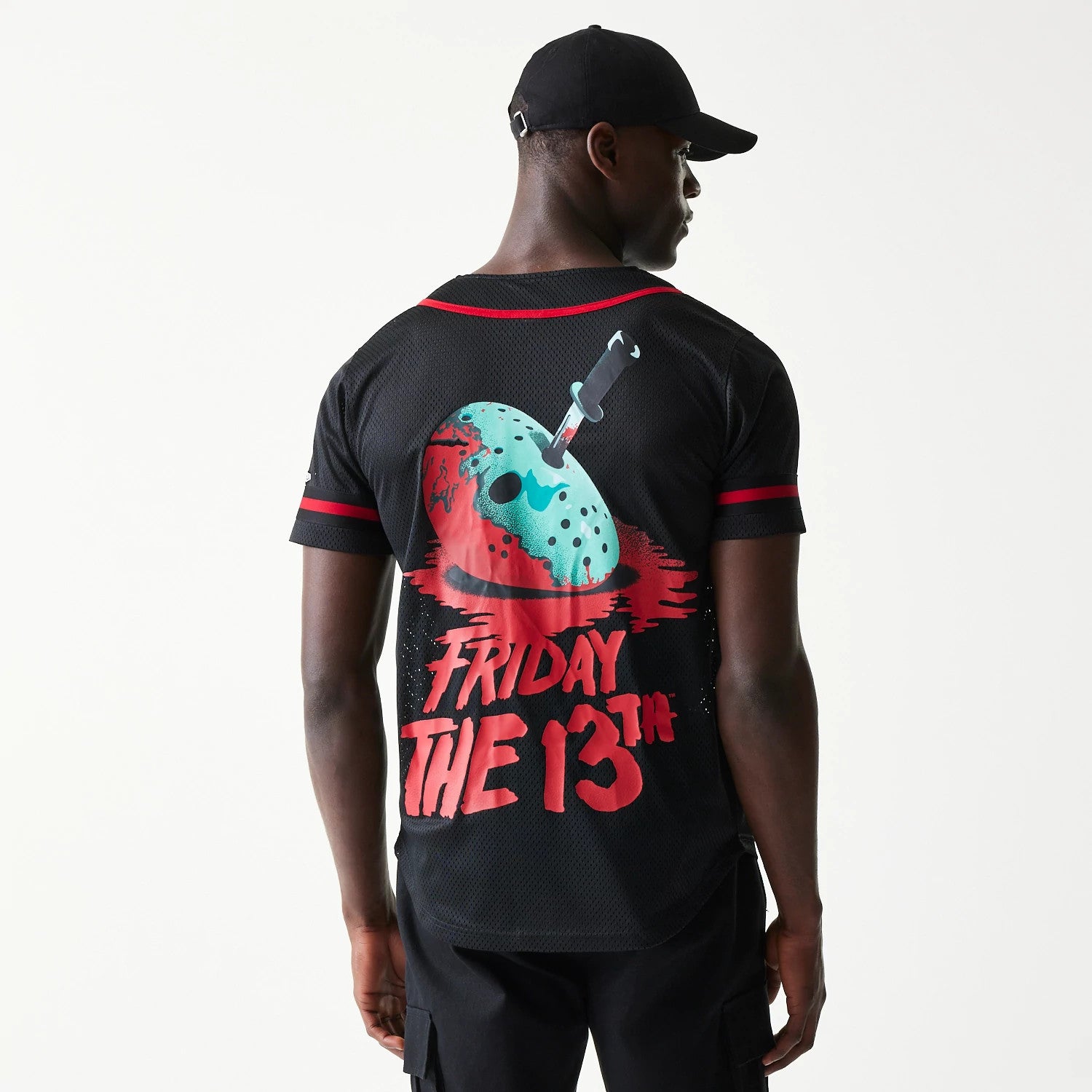 The Male model is wearing Friday The 13Th Black Jersey 2