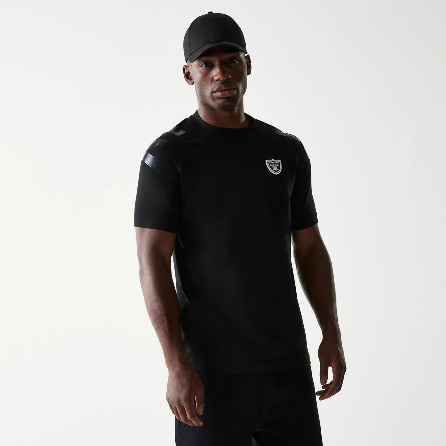 The Male model is wearing Las Vegas Raiders NFL 3RD Down Black T-Shirt 1