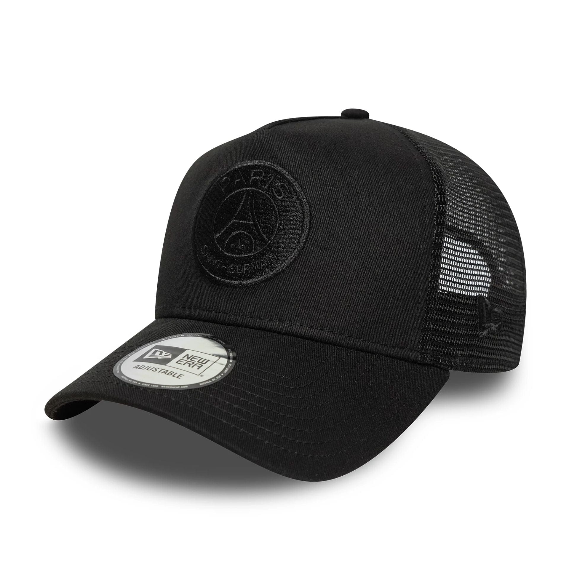 This is a Paris Saint-Germain Tonal Black 9FORTY A-Frame Trucker Adjustable Cap 1