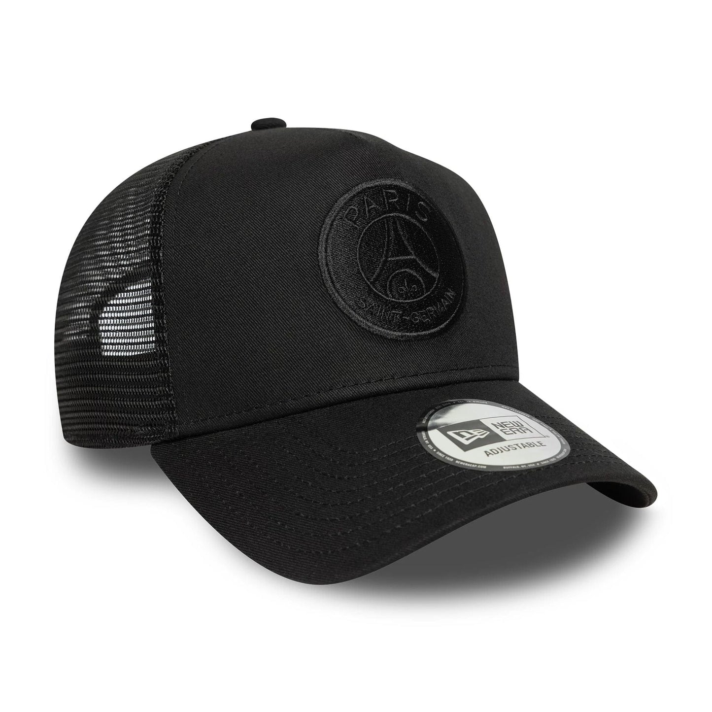 This is a Paris Saint-Germain Tonal Black 9FORTY A-Frame Trucker Adjustable Cap 3
