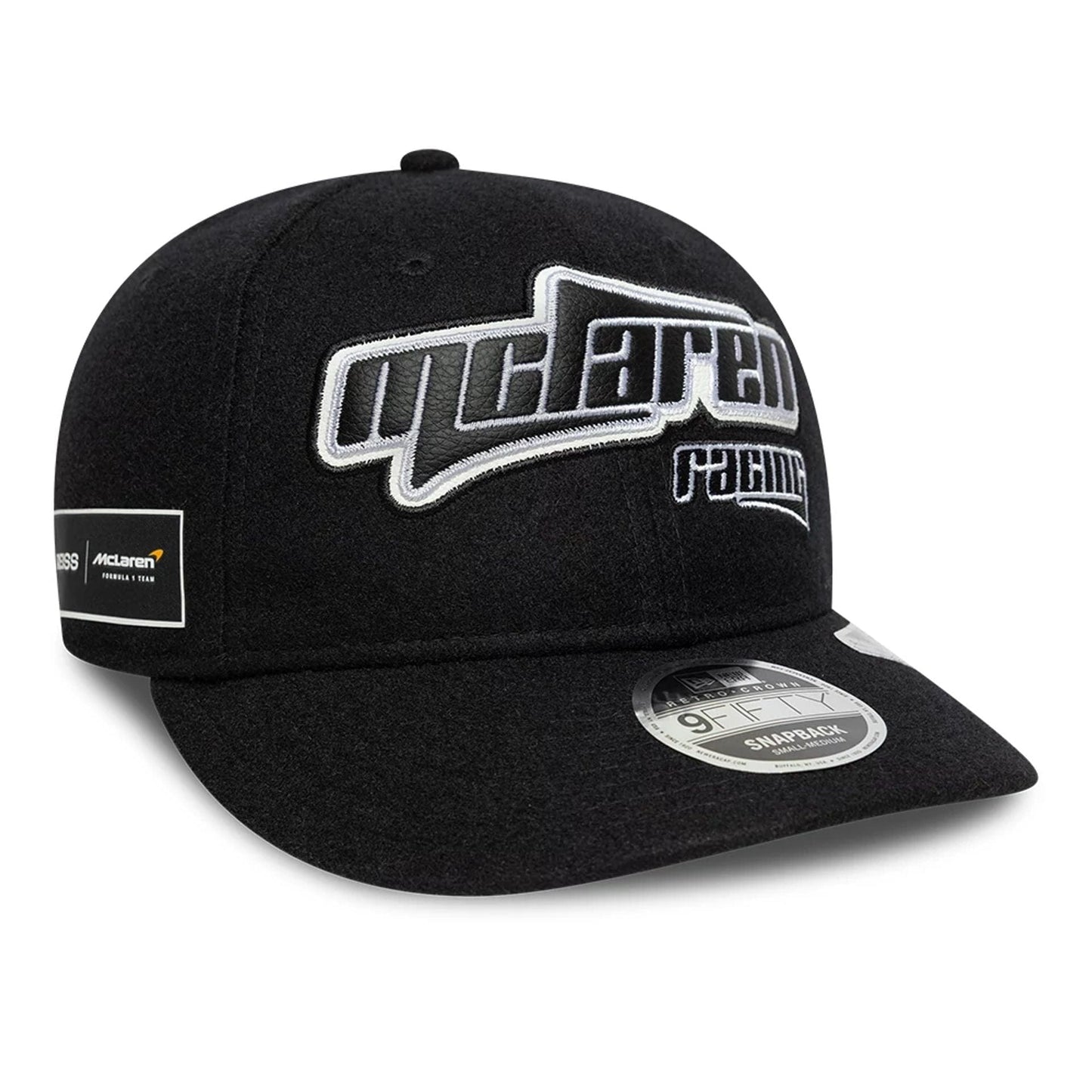 This is a Reiss x McLaren Racing Black Retro Crown 9FIFTY Adjustable Cap 1