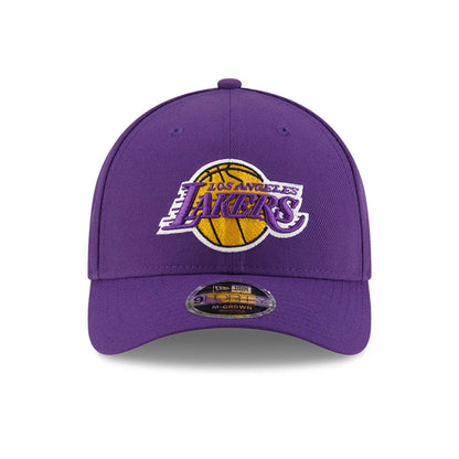 LA Lakers NBA Team Purple New Era 9FORTY M-Crown Adjustable Cap, front view showing the raised embroidered Lakers logo in yellow and purple on the front panel, with a curved visor and 9FORTY size sticker.