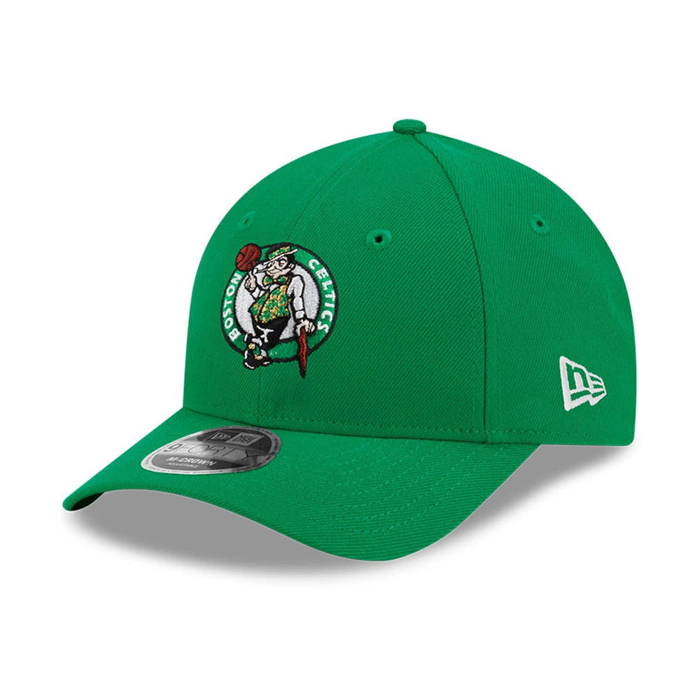Boston Celtics NBA Team Green New Era 9FORTY M-Crown Adjustable Cap, three-quarter view with the raised embroidered Celtics logo on the front panel, a curved green visor, and a 9FORTY size sticker on the visor.