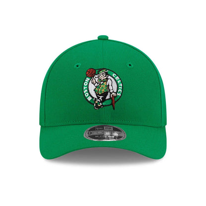 Boston Celtics NBA Team Green New Era 9FORTY M-Crown Adjustable Cap, front view showing the raised embroidered Celtics logo on the structured green crown with a curved visor and a 9FORTY size sticker on the visor.