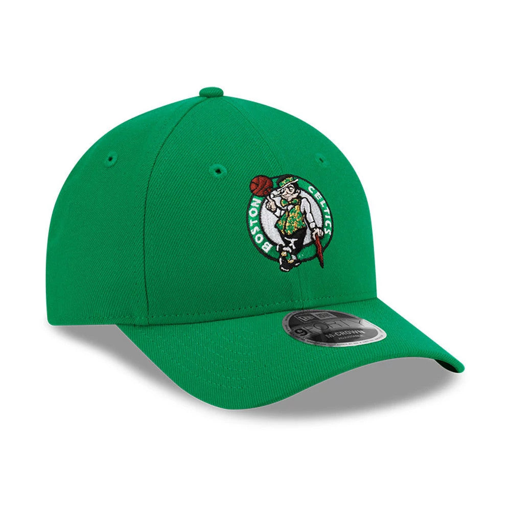 Boston Celtics NBA Team Green New Era 9FORTY M-Crown Adjustable Cap, front view showing the colourful embroidered leprechaun logo on the structured green crown, with a pre-curved visor and 9FORTY size sticker.