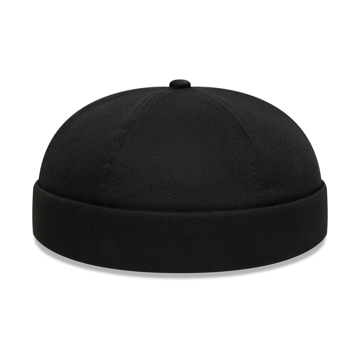 New Era Cotton Twill Black Docker Hat, three-quarter view showing the soft, unstructured crown with a top button, seamless curved visor, and stitching along the panels, providing a and understated look in solid black.