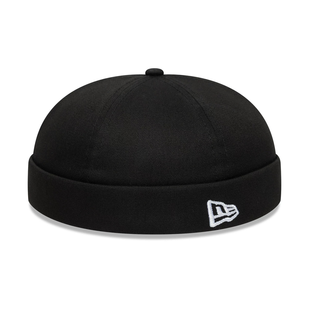 New Era Cotton Twill Black Docker Hat, three-quarter view showing the white embroidered New Era flag logo on the black rolled visor, with a cotton twill texture and a seamless rounded crown.
