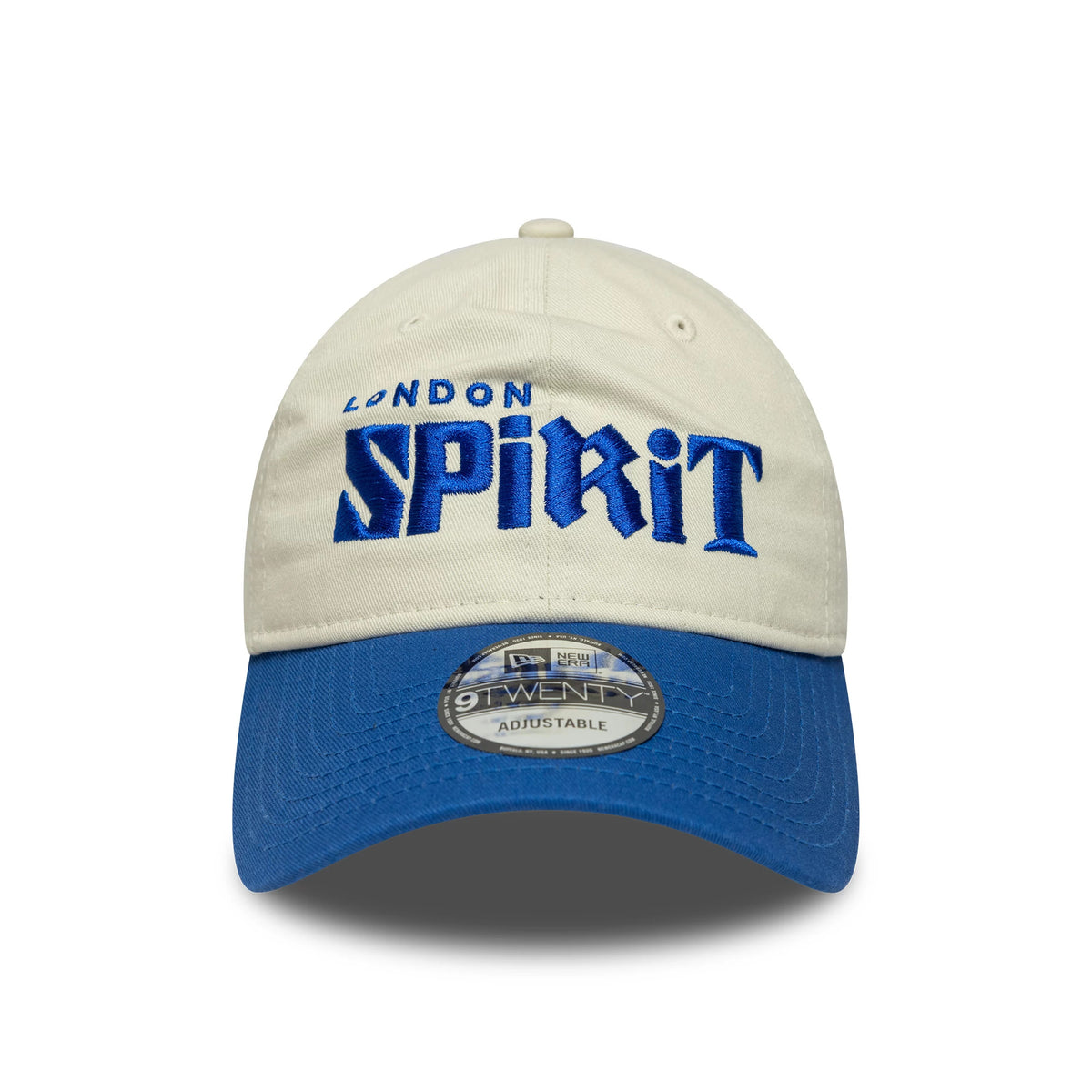 London Spirit The Hundred 2025 Contrast Light Beige New Era 9TWENTY Adjustable Cap, front view showing blue embroidered logo on the crown, a blue curved visor, and a 9TWENTY size sticker on the visor.