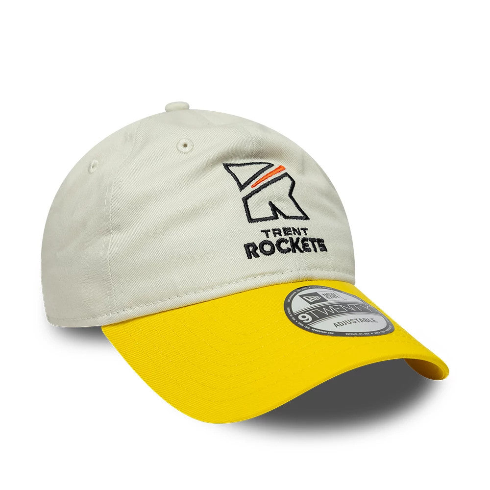 Pictured is this Trent Rockets The Hundred 2025 9TWENTY Adjustable Cap in light beige & yellow. 3