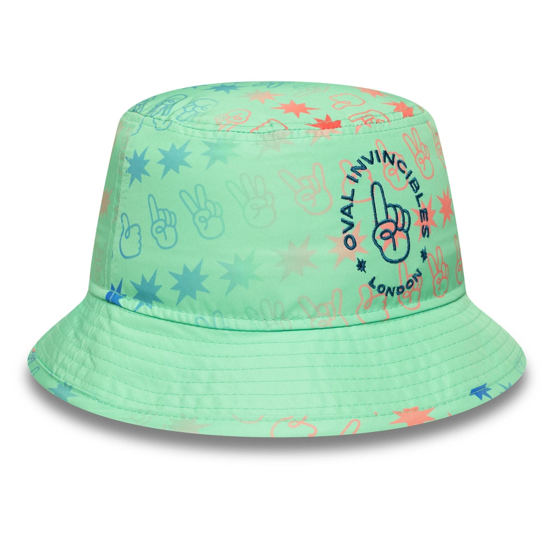 This is a Oval Invincibles The Hundred 2025 All Over Print Green Tapered Bucket Hat 3