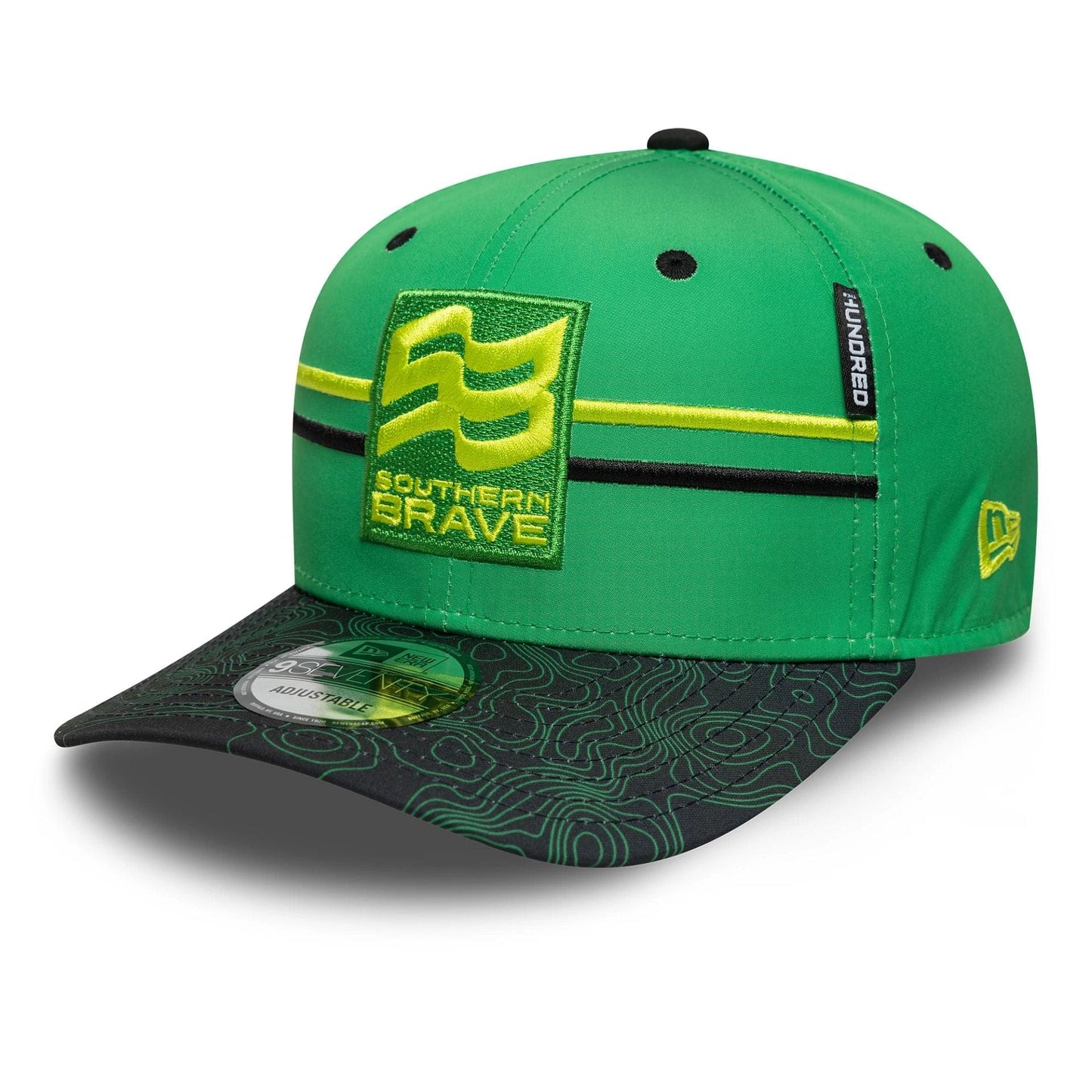 This is a Southern Brave The Hundred 2025 All Over Print Bright Green 9SEVENTY Stretch Snap Adjustable Cap 1