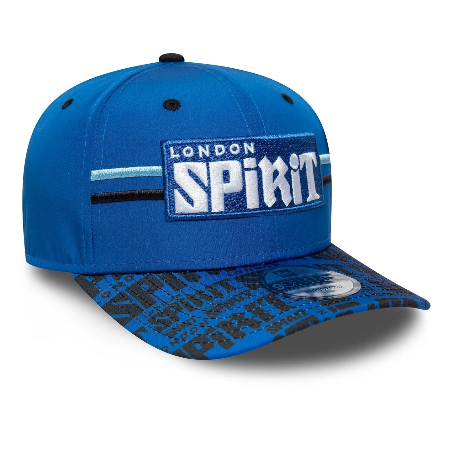 This is a London Spirit The Hundred 2025 All Over Print Blue 9SEVENTY Stretch Snap Adjustable Cap 3