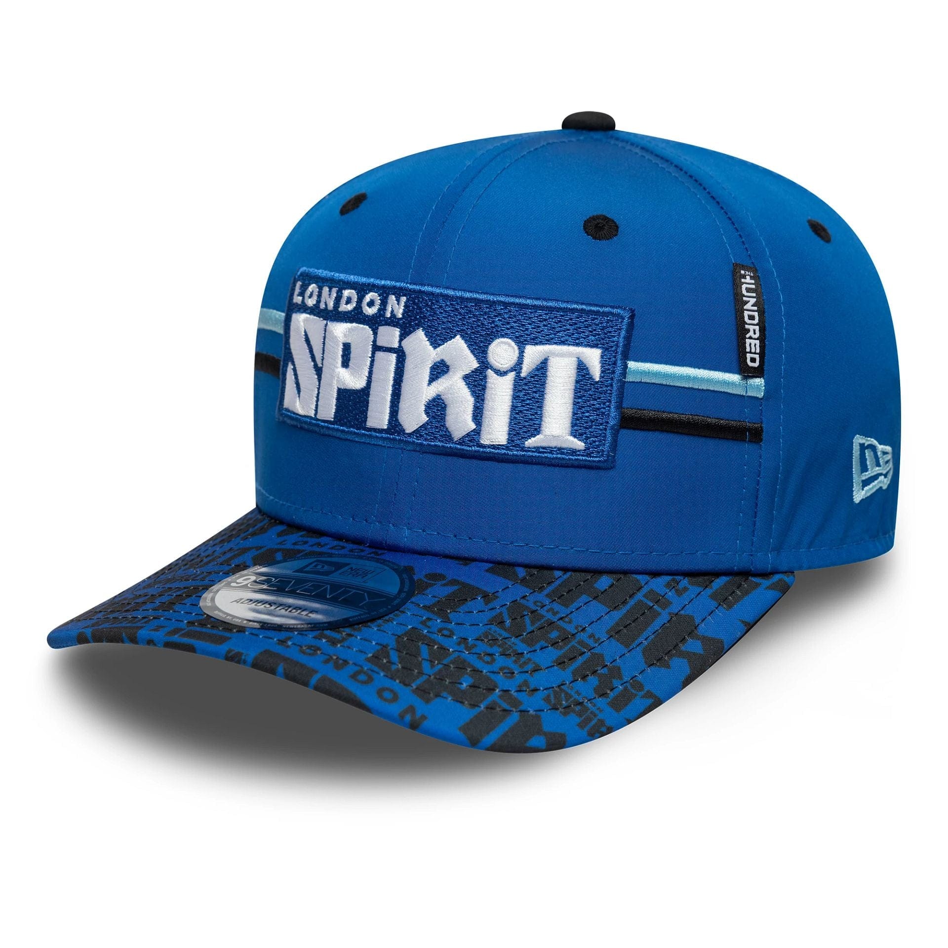 This is a London Spirit The Hundred 2025 All Over Print Blue 9SEVENTY Stretch Snap Adjustable Cap 1