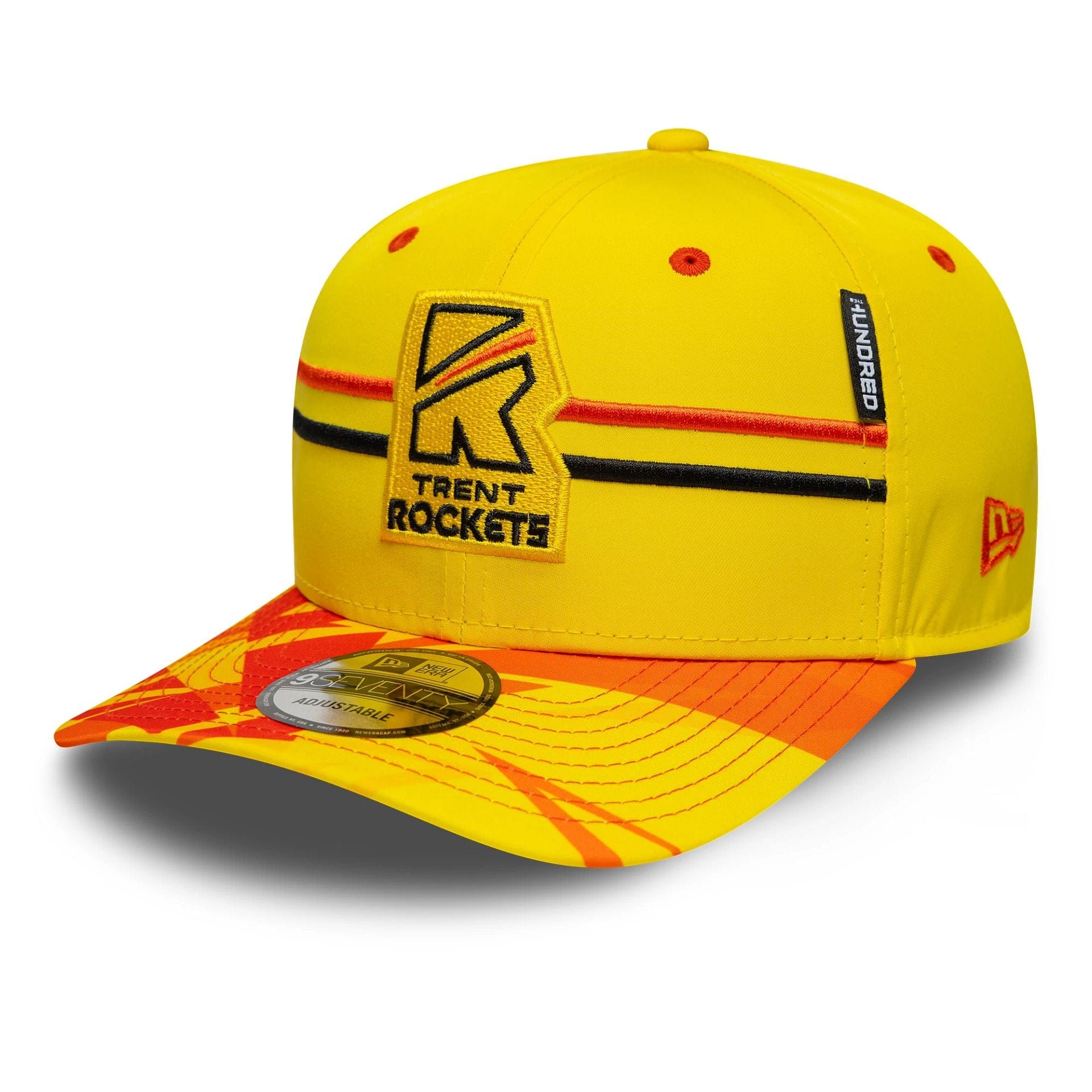 This is a Trent Rockets The Hundred 2025 All Over Print Bright Yellow 9SEVENTY Stretch Snap Adjustable Cap 1