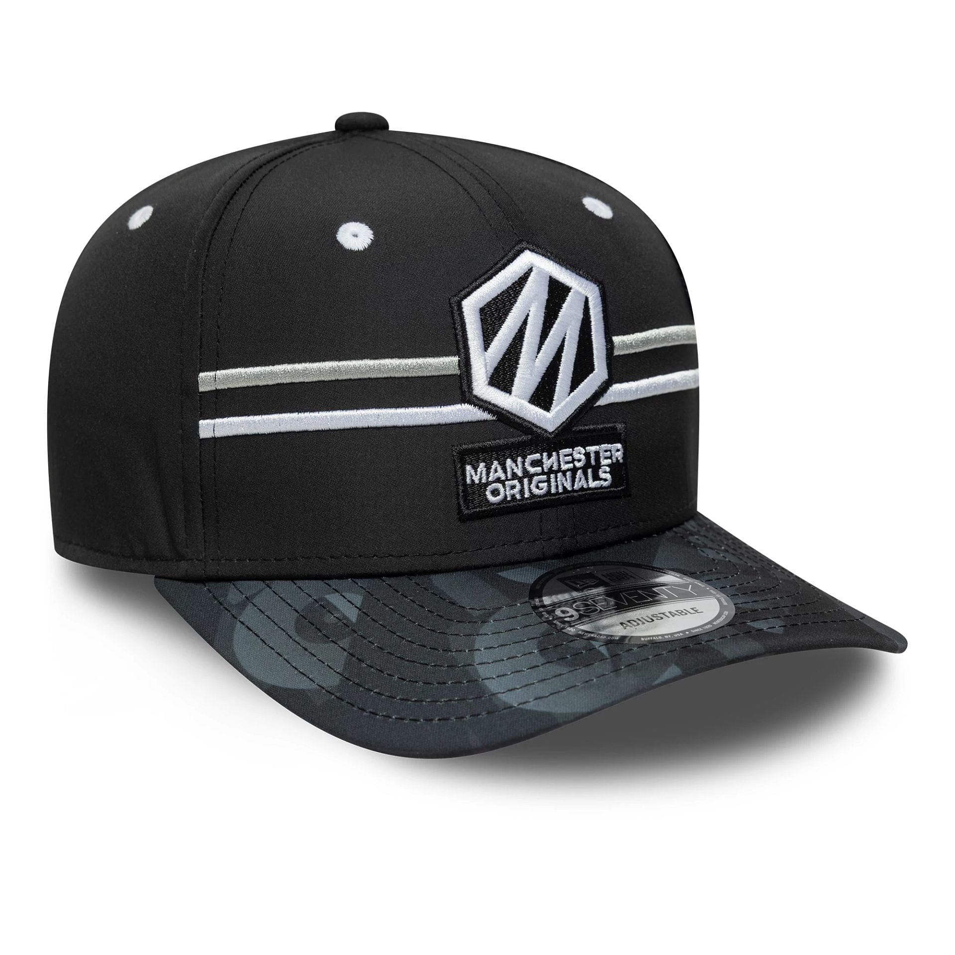 This is a Manchester Originals The Hundred 2025 All Over Print Black 9SEVENTY Stretch Snap Adjustable Cap 3