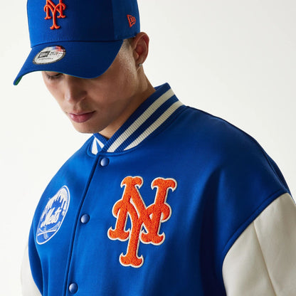 The Male model is wearing New York Mets MLB Jersey Blue Bomber Jacket 3