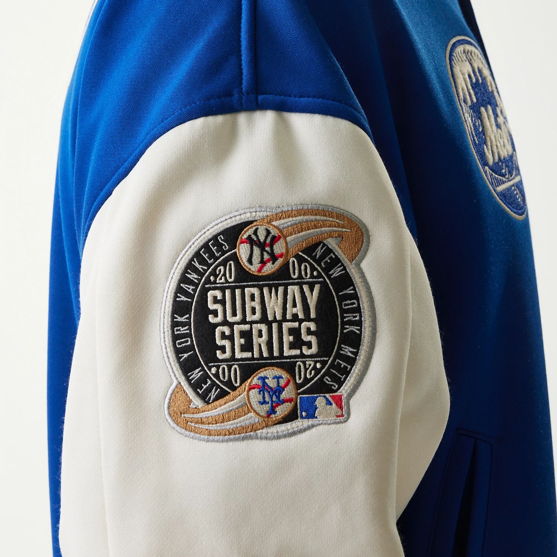 The Male model is wearing New York Mets MLB Jersey Blue Bomber Jacket 6