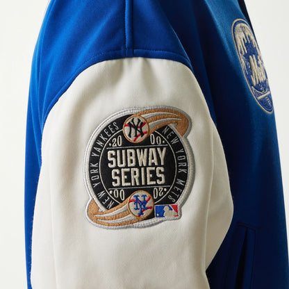 The Male model is wearing New York Mets MLB Jersey Blue Bomber Jacket 6