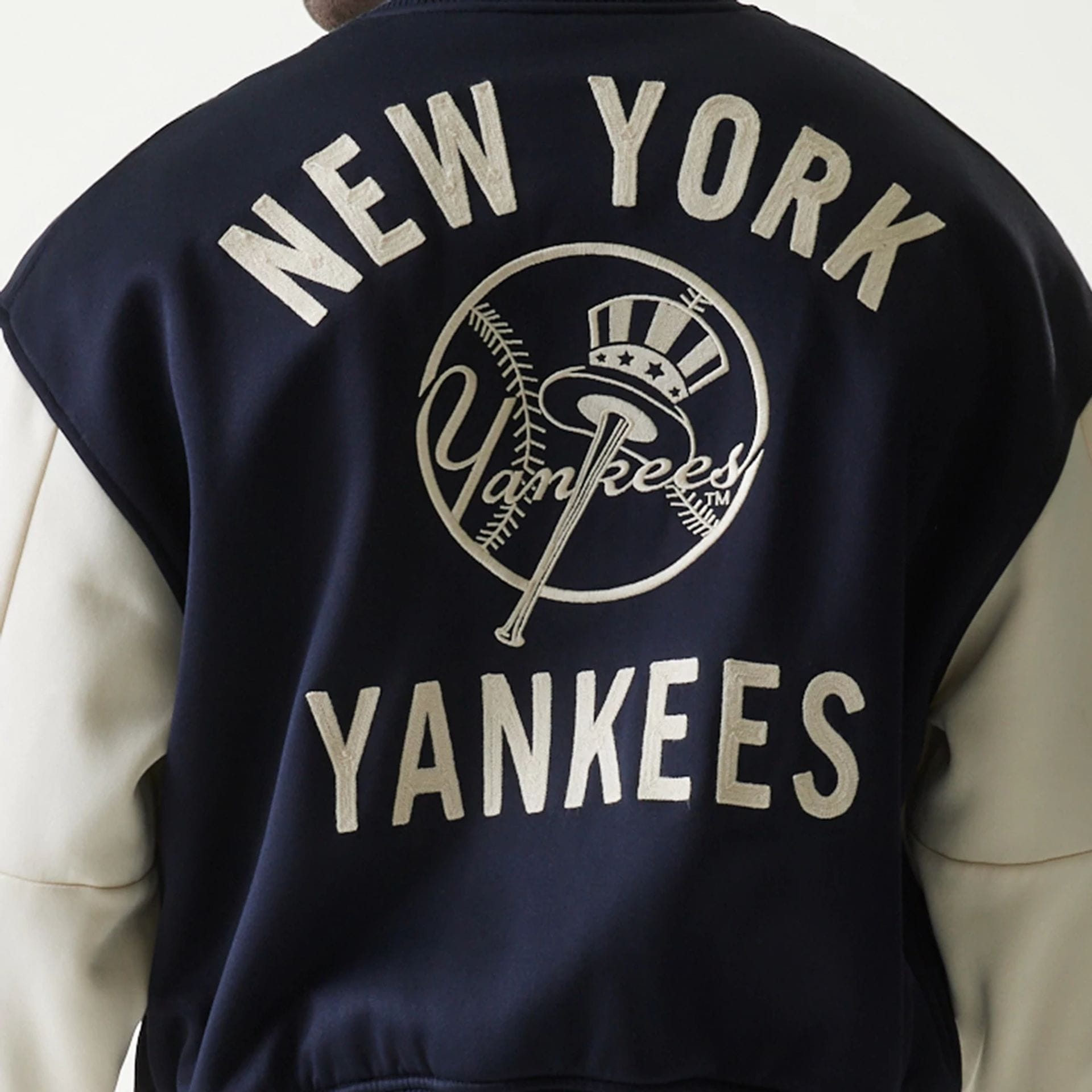 The Male model is wearing New York Yankees MLB Jersey Navy Bomber Jacket 6