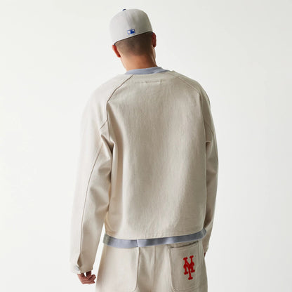 The Male model is wearing New York Mets MLB Cotton Open Cream Jacket 2