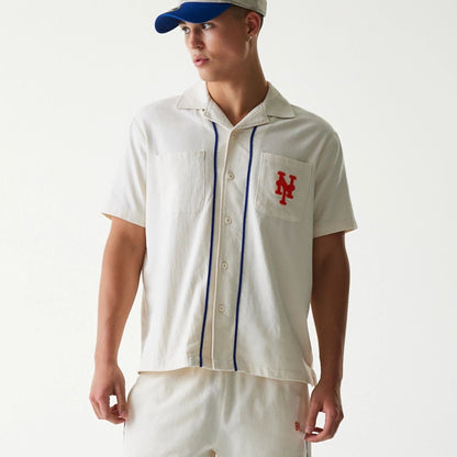 The Male model is wearing New York Mets MLB Piping Open Cream Short Sleeve Shirt 3
