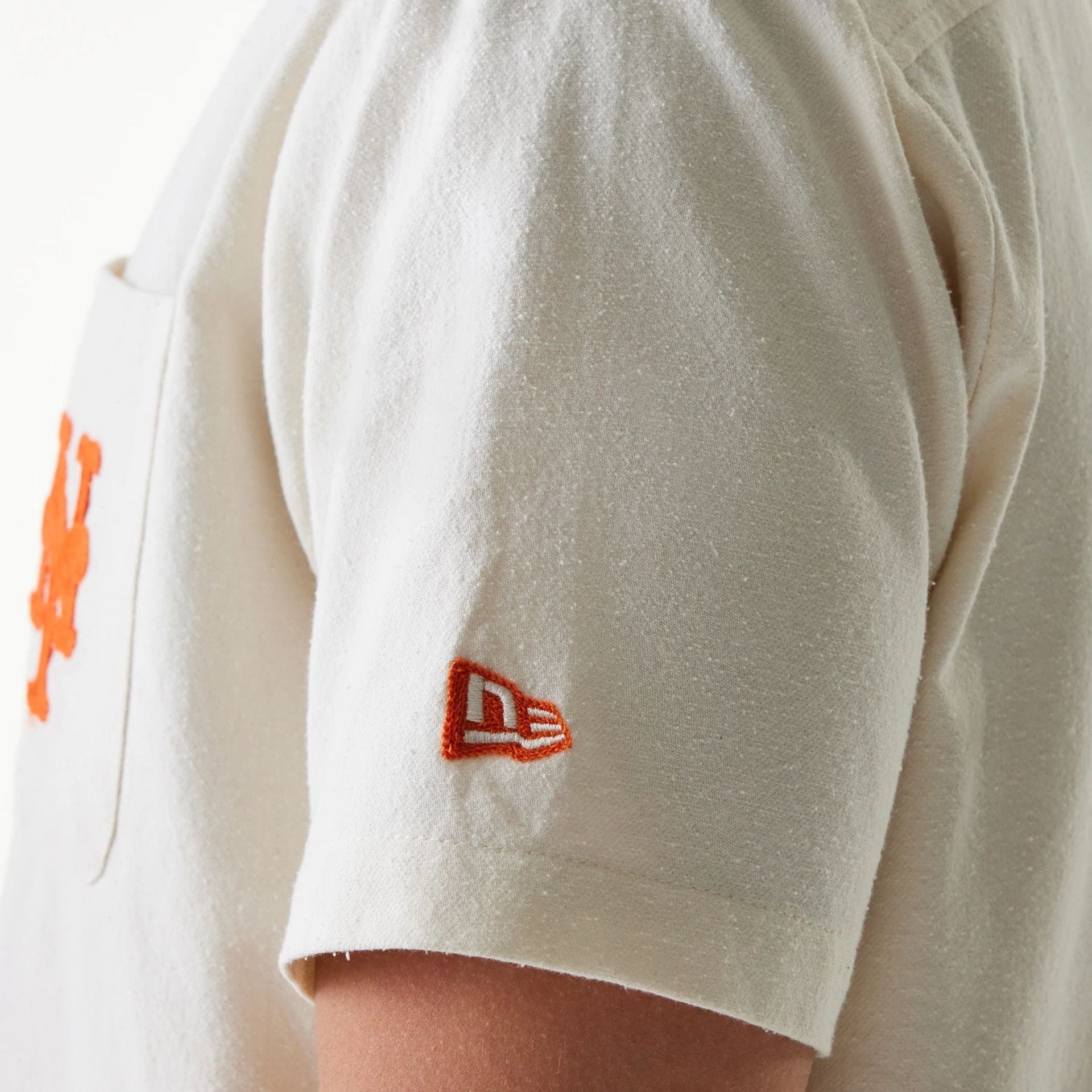 The Male model is wearing New York Mets MLB Piping Open Cream Short Sleeve Shirt 4