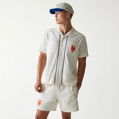 The Male model is wearing New York Mets MLB Piping Open Cream Short Sleeve Shirt 1