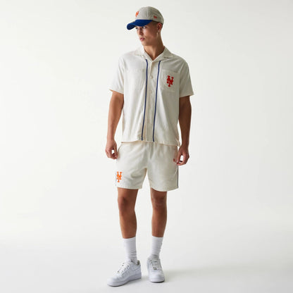 The Male model is wearing New York Mets MLB Piping Open Cream Short Sleeve Shirt 8