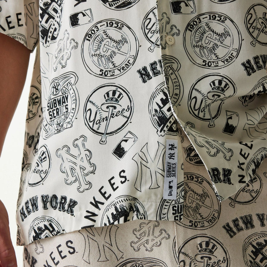 The Male model is wearing MLB Subway Series All Over Print Open White Short Sleeve Shirt 5