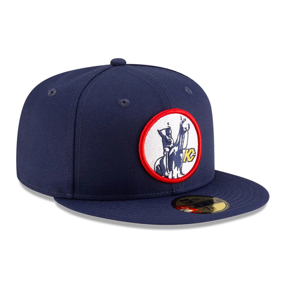 Kansas City Scouts NHL Basic Navy New Era 59FIFTY Fitted Cap, front view showing the raised full-colour team logo with a red border on the front panel, paired with a flat navy visor and a gold 59FIFTY size sticker.