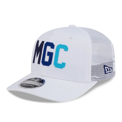 This is a Majesticks LIV Golf 2025 White 9SEVENTY Stretch Snap Adjustable Cap 1