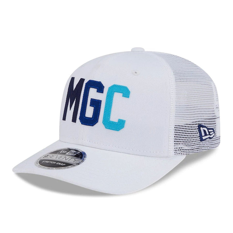 This is a Majesticks LIV Golf 2025 White 9SEVENTY Stretch Snap Adjustable Cap 1