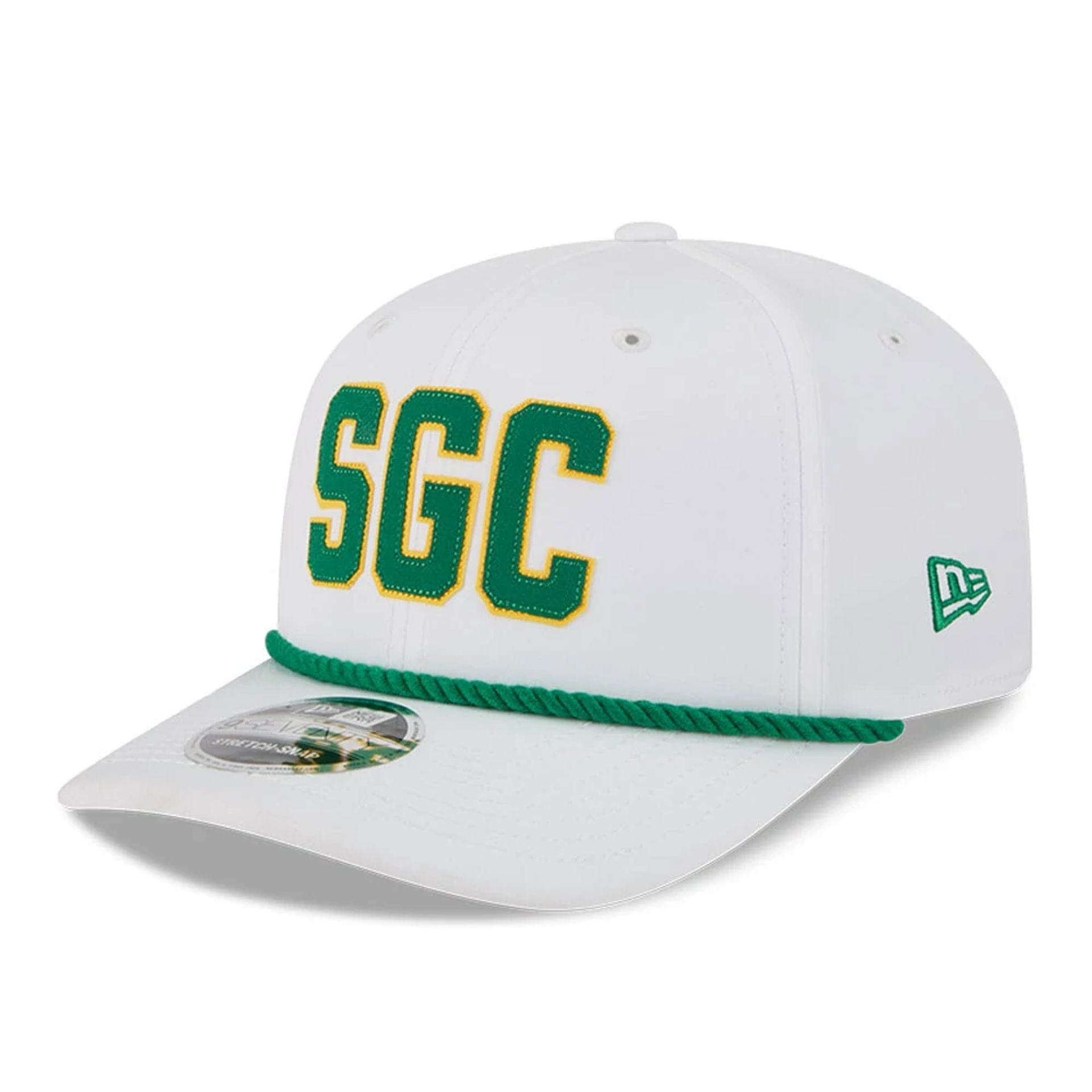 This is a Stinger LIV Golf 2025 White 9SEVENTY Stretch Snap Adjustable Cap 1