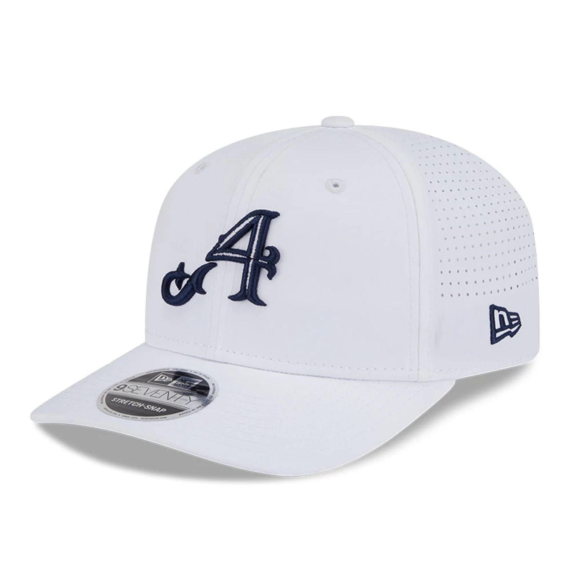 This is a 4Aces LIV Golf 2025 White 9SEVENTY Stretch Snap Adjustable Cap 1