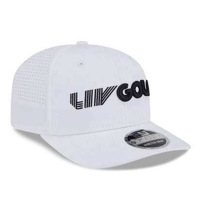This is a LIV Golf 2025 White 9SEVENTY Stretch Snap Adjustable Cap 4