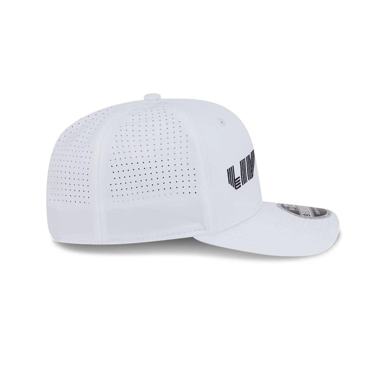 This is a LIV Golf 2025 White 9SEVENTY Stretch Snap Adjustable Cap 6