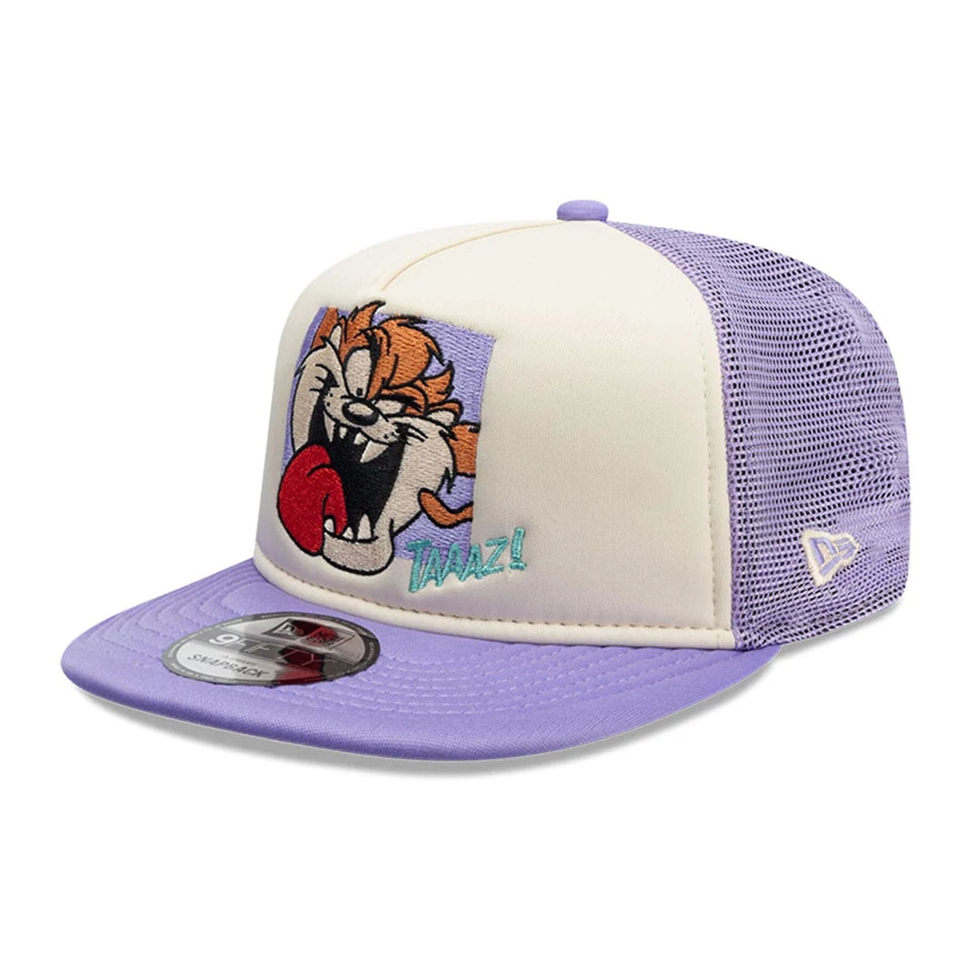 This is a Taz Looney Tunes Purple 9FIFTY A-Frame Trucker Adjustable Cap 1