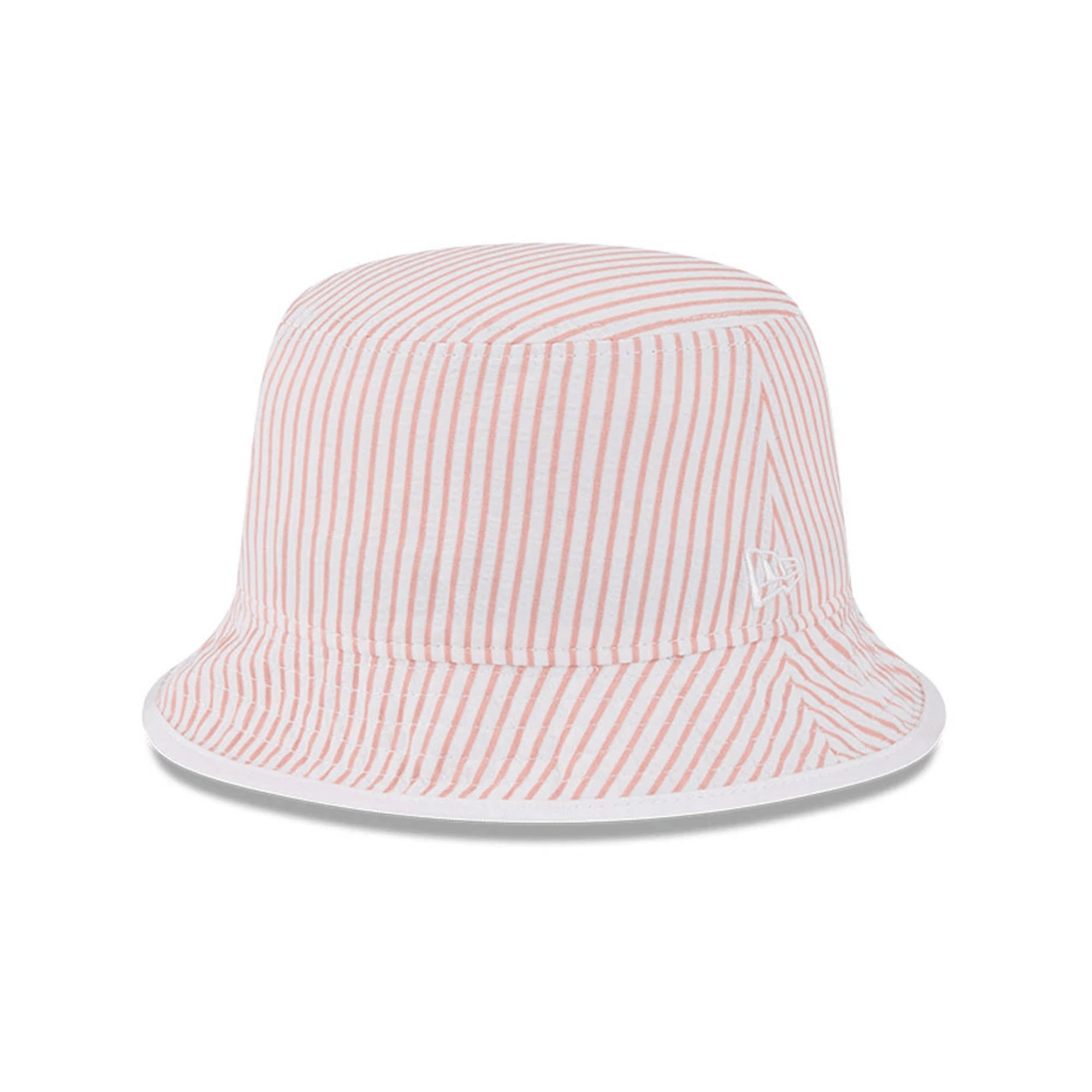 This is a New Era Pinstripe Pastel Orange Bucket Hat 1