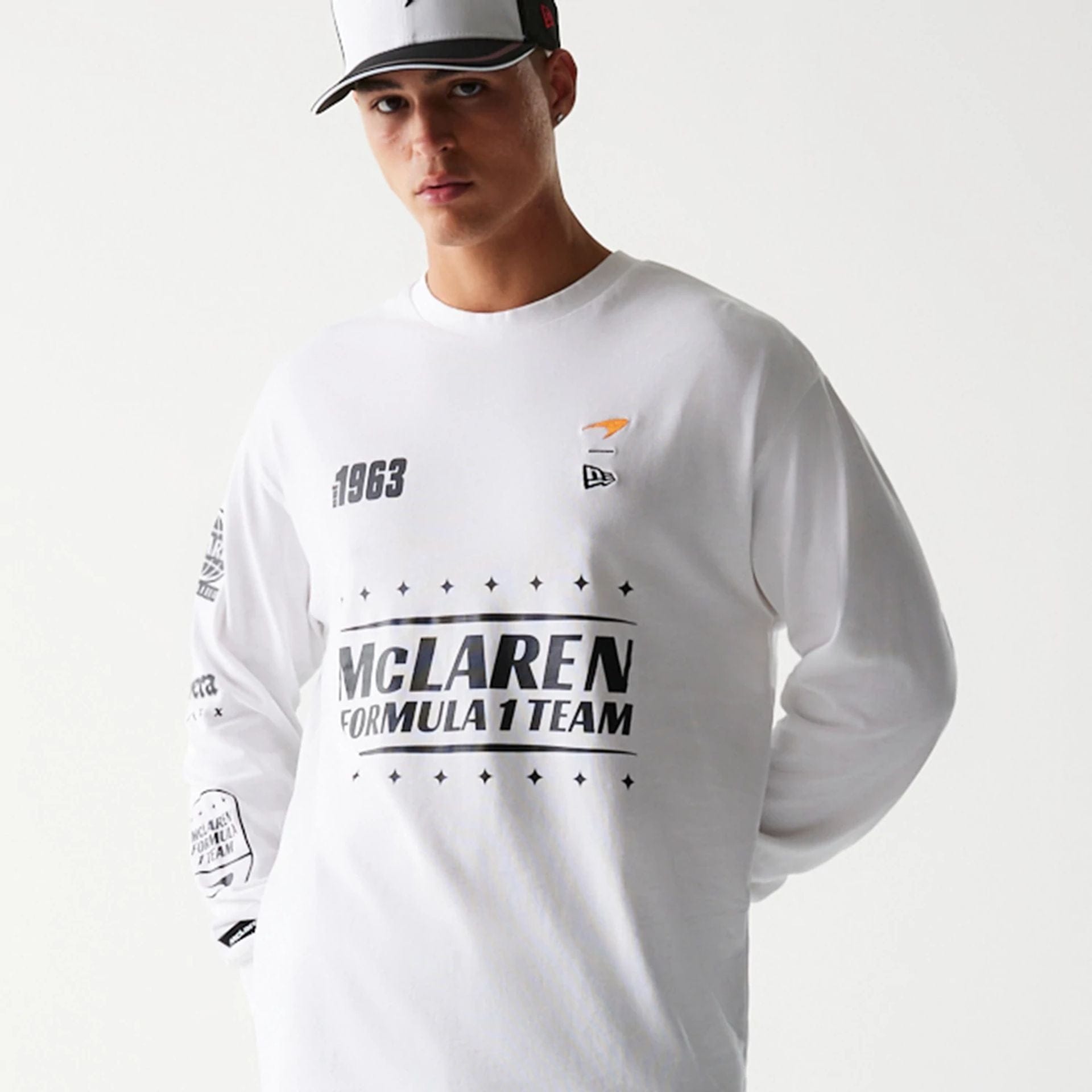The Male model is wearing McLaren Racing White Long Sleeve T-Shirt 6