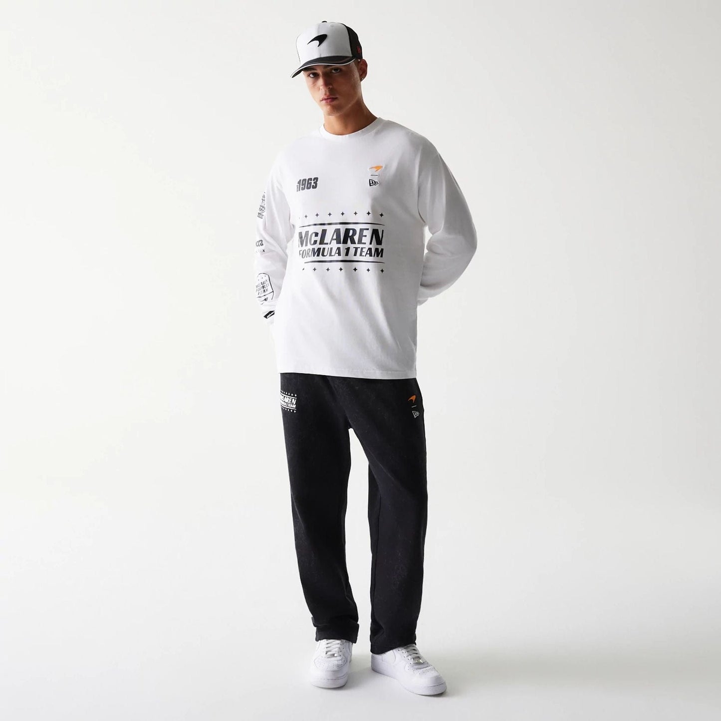 The Male model is wearing McLaren Racing White Long Sleeve T-Shirt 7