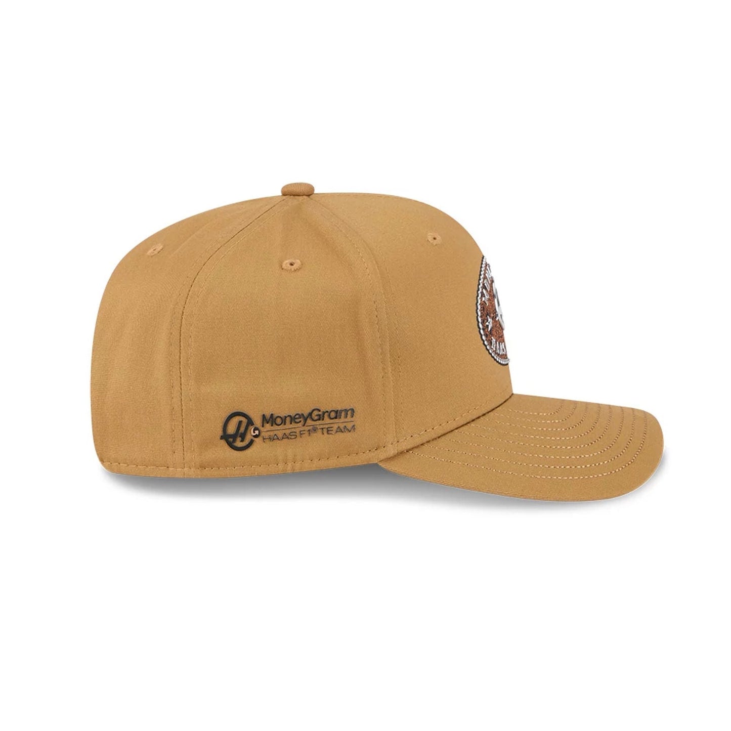 This is a MoneyGram Haas Formula 1 Oliver Bearman Austin Race Special Beige 9SEVENTY Stretch Snap Adjustable Cap 5