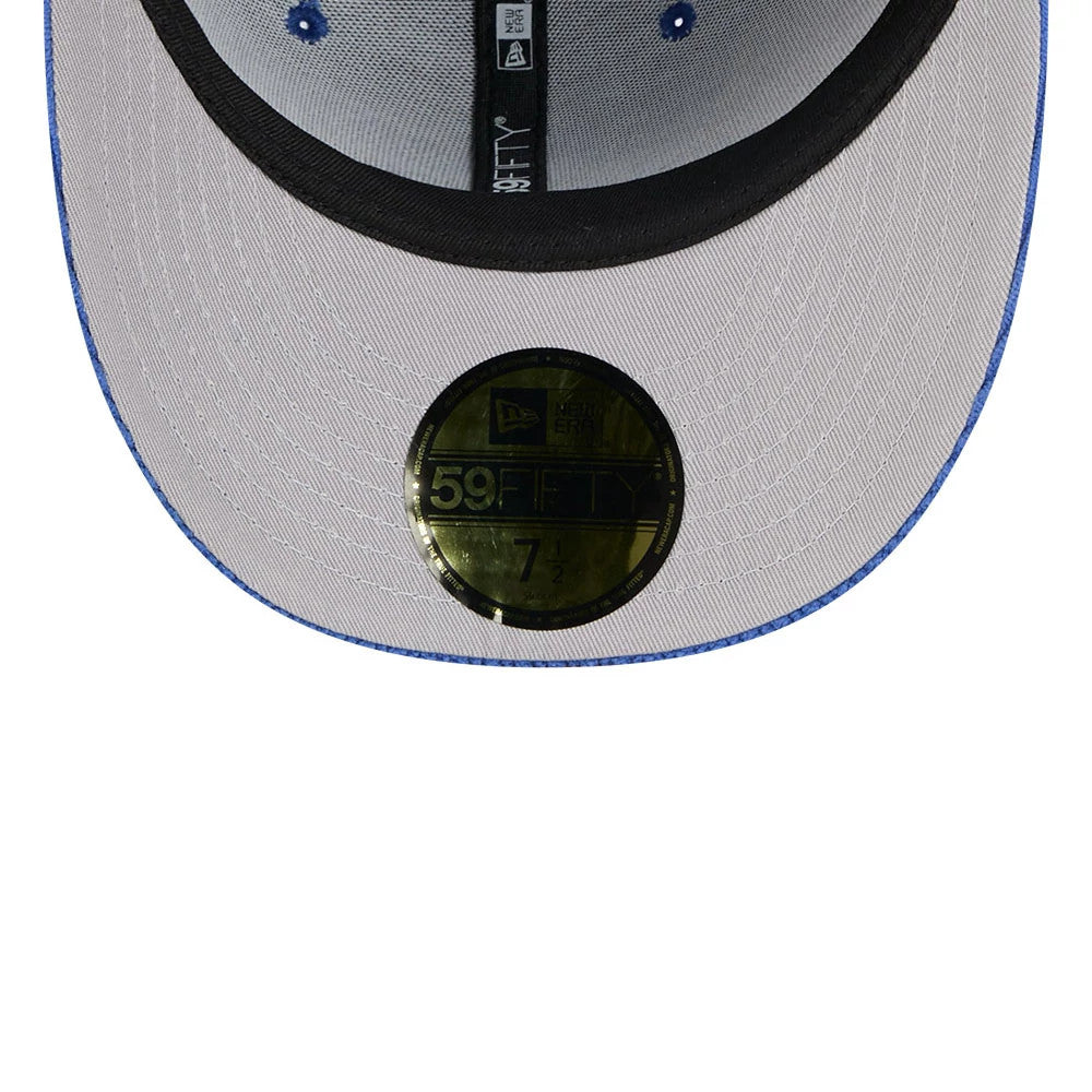 LA Dodgers MLB Chenille Pop Dark Blue New Era 59FIFTY Fitted Cap, inside view showing a grey undervisor with a central gold 59FIFTY size sticker, black sweatband, blue interior stitching, and New Era branded taping.