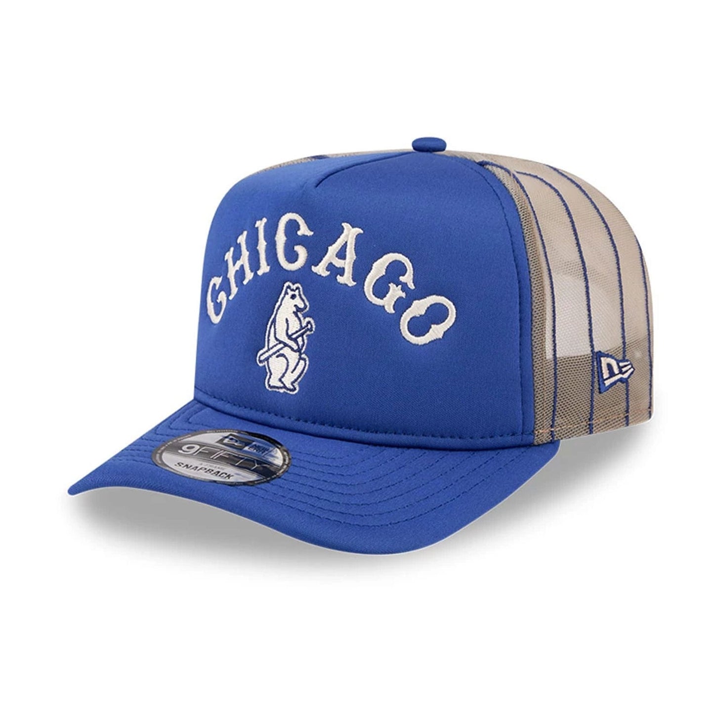 This is a Chicago Cubs MLB Arched Blue 9FIFTY A-Frame Trucker Adjustable Cap 1