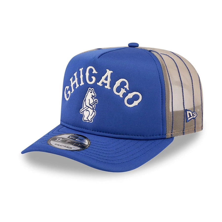 This is a Chicago Cubs MLB Arched Blue 9FIFTY A-Frame Trucker Adjustable Cap 1