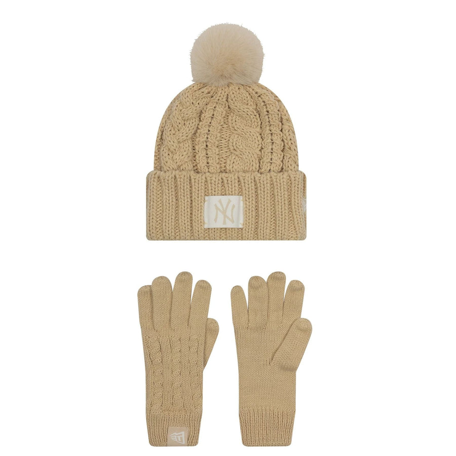 This is a New York Yankees Youth MLB Beige Beanie & Gloves Set  1