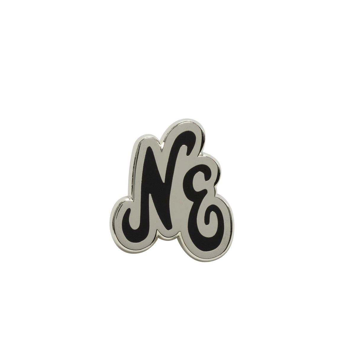 New Era Script Black Pin Badge, front view showing the black NE lettering in a fluid script style with a silver outline, creating a contrast and adding an elegant touch to the accessory design.