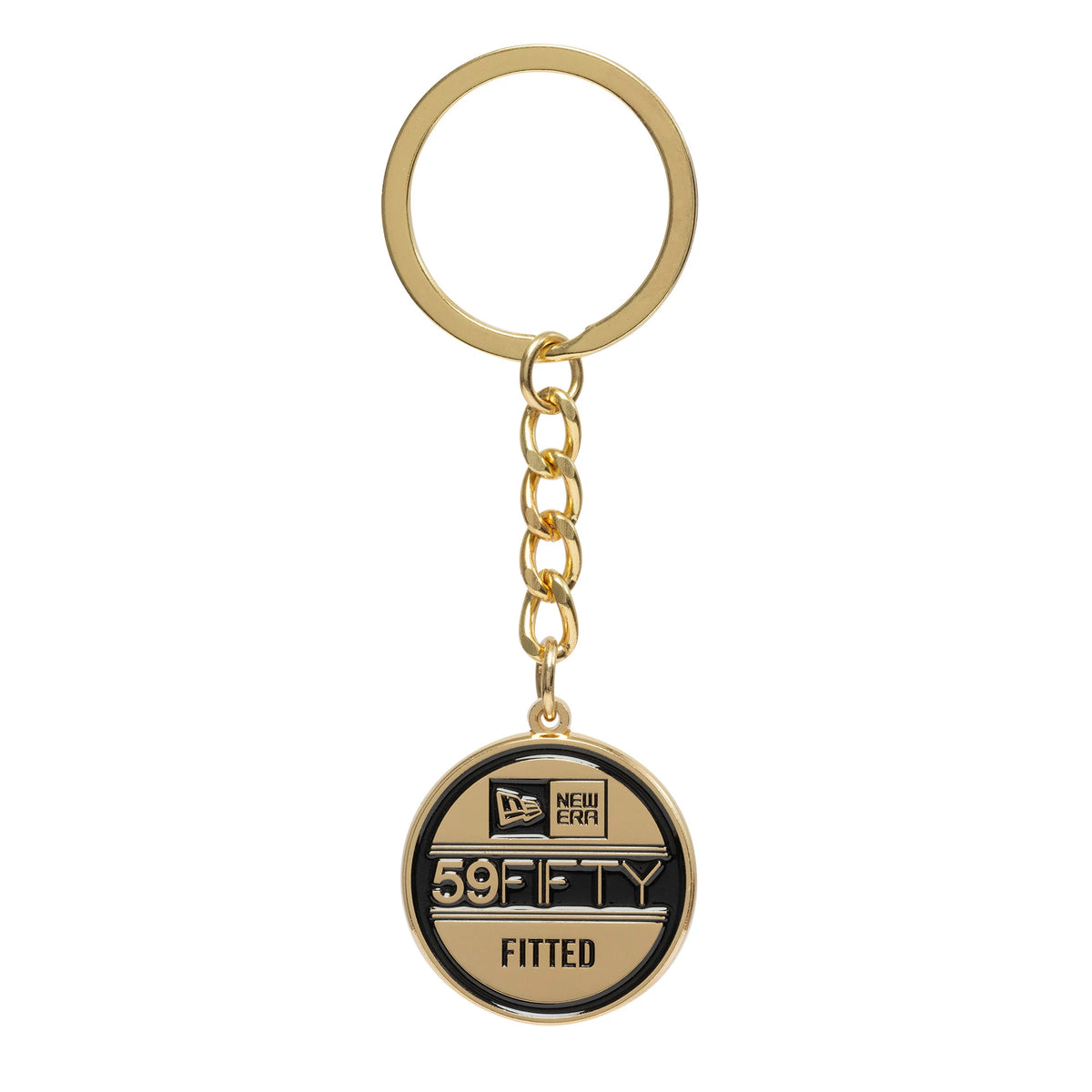 New Era 59FIFTY Sticker Black Key Chain, front view showing a round pendant with a gold and black design featuring the New Era logo, 59FIFTY text, and a fitted label, attached to a gold chain and keyring.