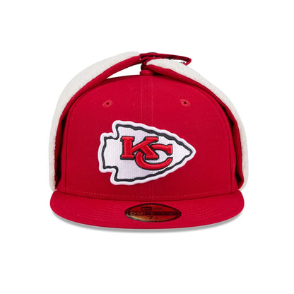 Kansas City Chiefs NFL Classic Red Dogear New Era 59FIFTY Fitted Cap, front view showing the raised embroidered KC arrowhead logo on the red front panels, with fluffy white interior dogears and a gold 59FIFTY size sticker on the visor.
