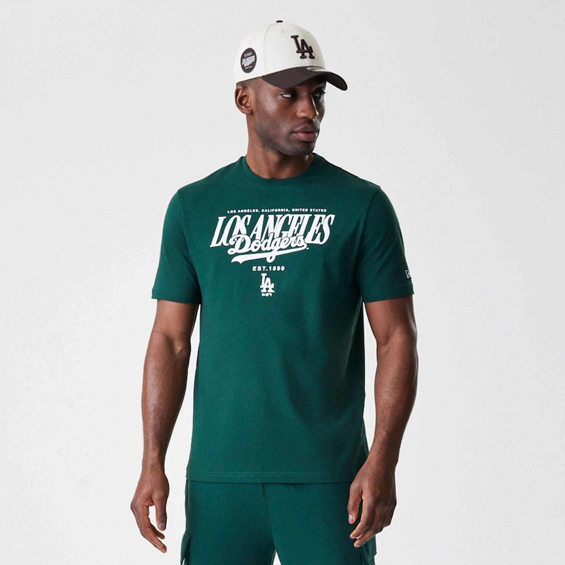 The Male model is wearing LA Dodgers MLB Script Graphic Dark Green T-Shirt  3