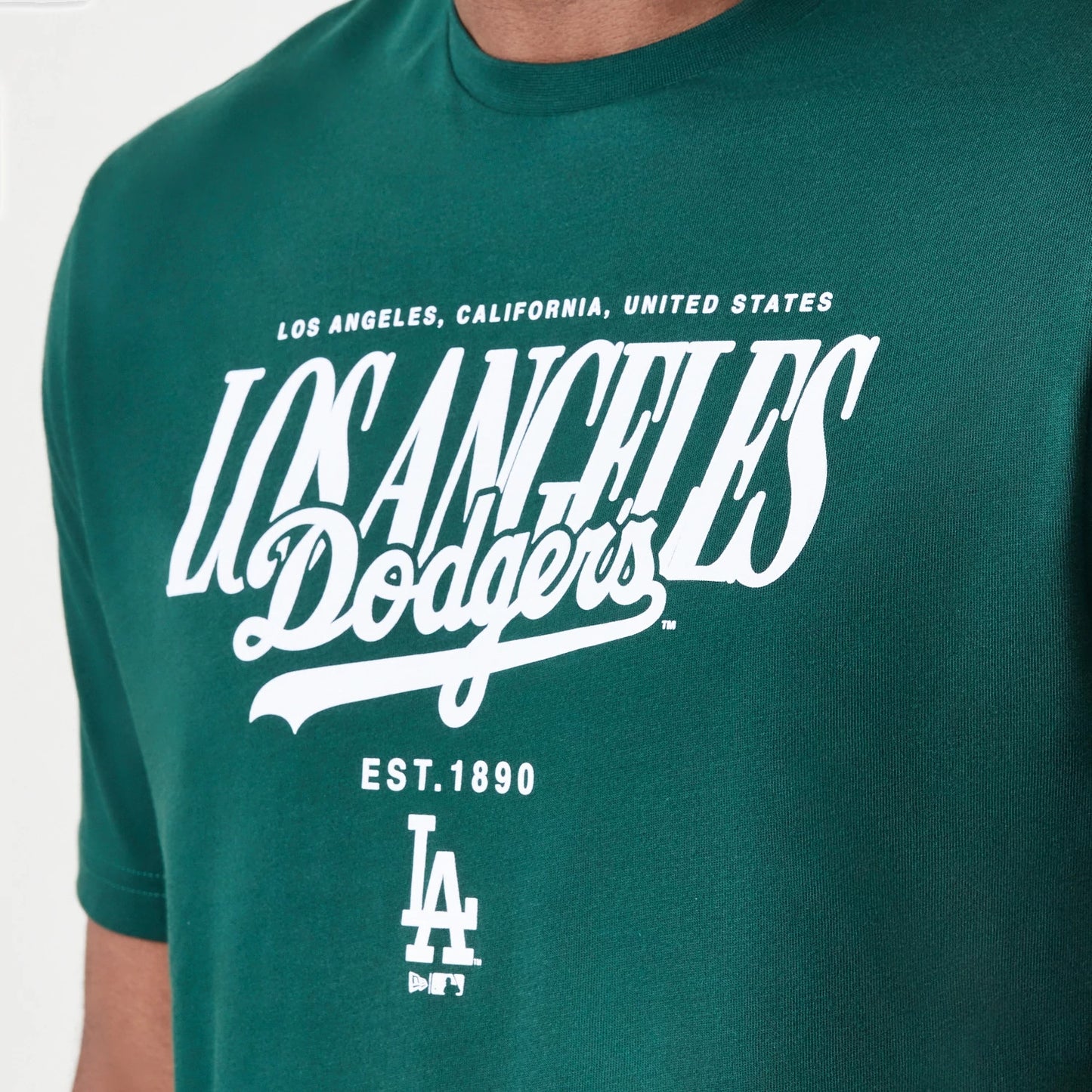 The Male model is wearing LA Dodgers MLB Script Graphic Dark Green T-Shirt 4